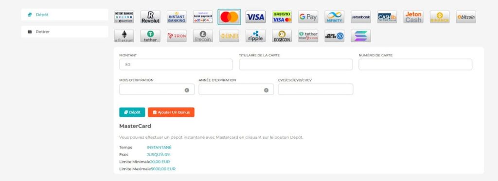 Merlin Casino moyens paiement